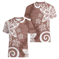 Polynesia Women V-Neck T-Shirt Brown Tribal Turtle Floral Pattern