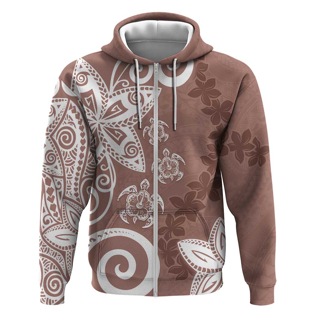 Polynesia Zip Hoodie Brown Tribal Turtle Floral Pattern LT05 Zip Hoodie Brown - Polynesian Pride