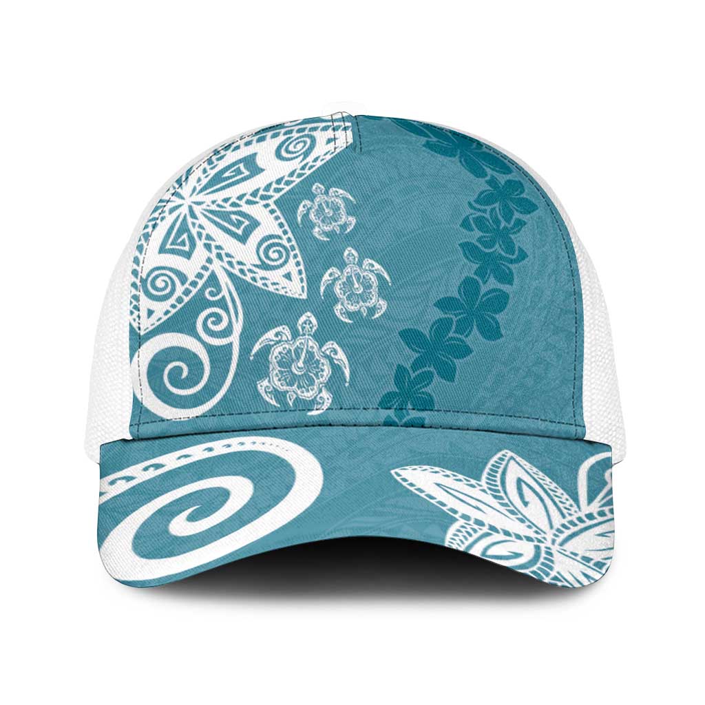 Polynesia Baseball Net Cap Hippie Blue Tribal Turtle Floral Pattern LT05 One Size White Blue - Polynesian Pride