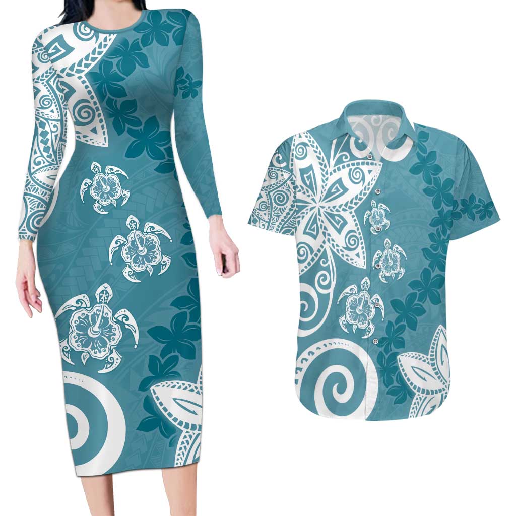 Polynesia Couples Matching Long Sleeve Bodycon Dress and Hawaiian Shirt Hippie Blue Tribal Turtle Floral Pattern LT05 Blue - Polynesian Pride