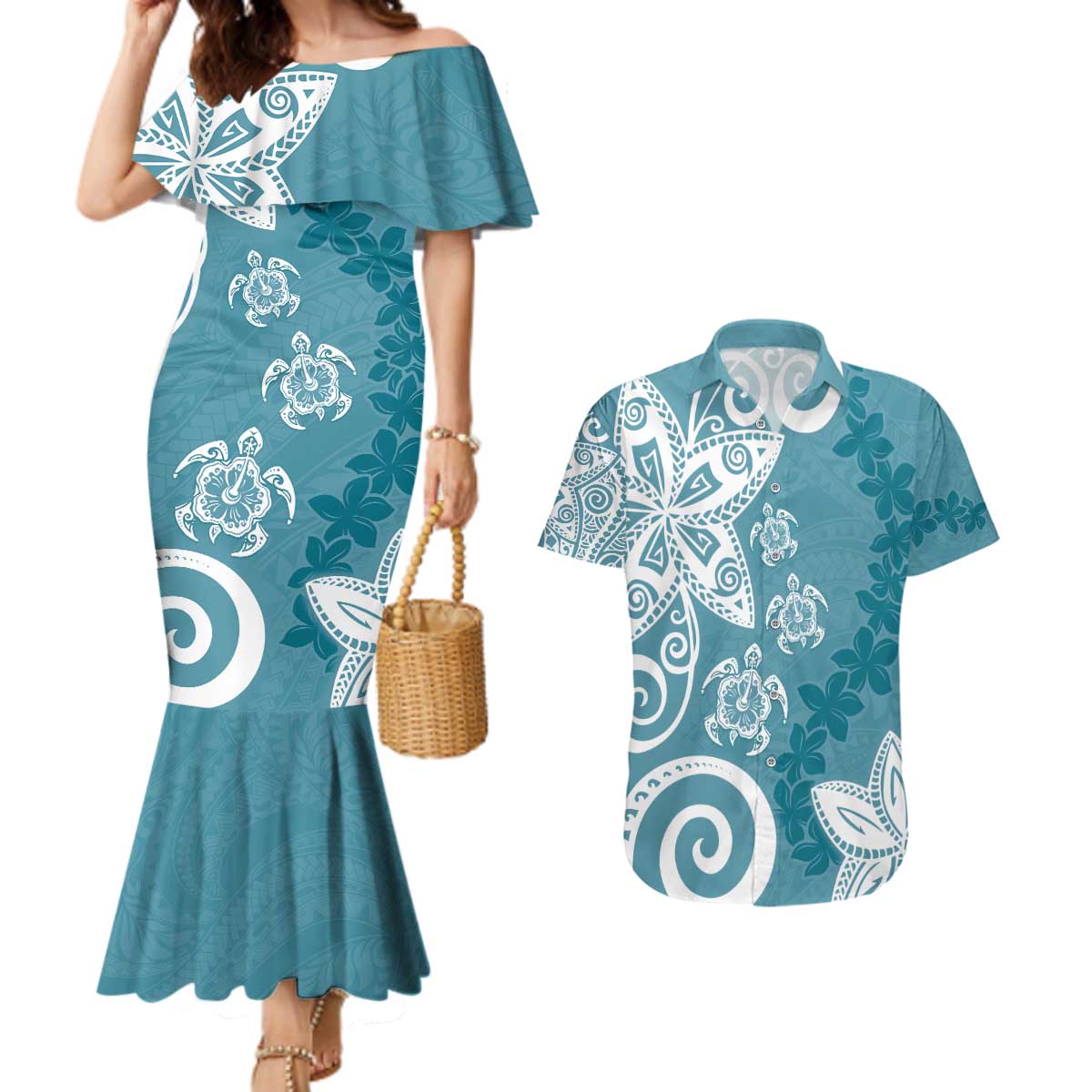 Polynesia Couples Matching Mermaid Dress and Hawaiian Shirt Hippie Blue Tribal Turtle Floral Pattern LT05 Blue - Polynesian Pride