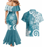 Polynesia Couples Matching Mermaid Dress and Hawaiian Shirt Hippie Blue Tribal Turtle Floral Pattern LT05 - Polynesian Pride