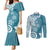Polynesia Couples Matching Mermaid Dress and Long Sleeve Button Shirt Hippie Blue Tribal Turtle Floral Pattern
