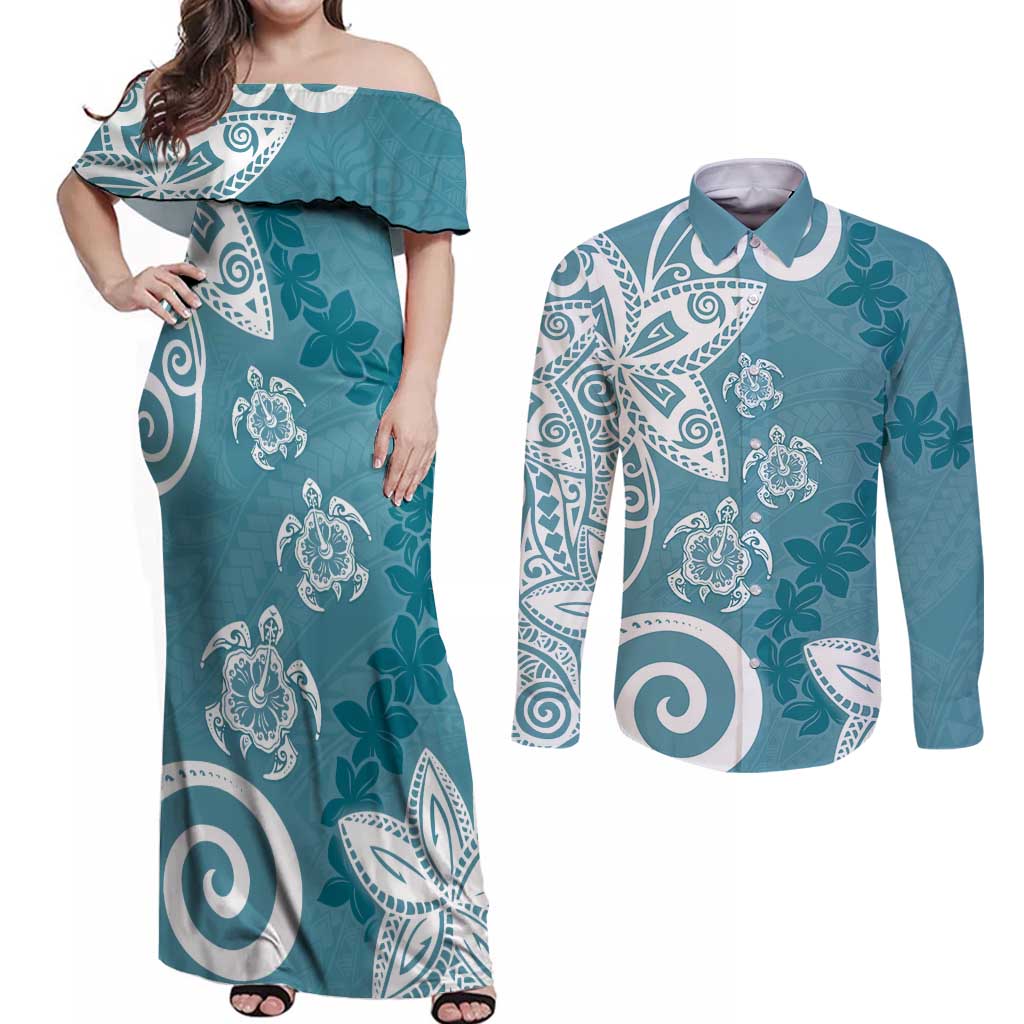Polynesia Couples Matching Off Shoulder Maxi Dress and Long Sleeve Button Shirt Hippie Blue Tribal Turtle Floral Pattern