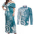 Polynesia Couples Matching Off Shoulder Maxi Dress and Long Sleeve Button Shirt Hippie Blue Tribal Turtle Floral Pattern