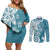 Polynesia Couples Matching Off Shoulder Short Dress and Long Sleeve Button Shirt Hippie Blue Tribal Turtle Floral Pattern