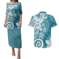 Polynesia Couples Matching Puletasi and Hawaiian Shirt Hippie Blue Tribal Turtle Floral Pattern