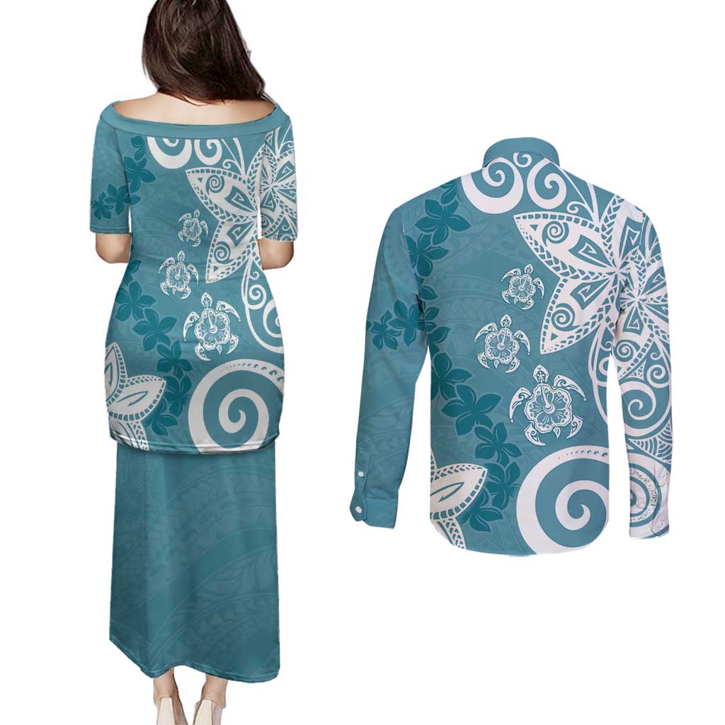 Polynesia Couples Matching Puletasi and Long Sleeve Button Shirt Hippie Blue Tribal Turtle Floral Pattern