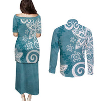 Polynesia Couples Matching Puletasi and Long Sleeve Button Shirt Hippie Blue Tribal Turtle Floral Pattern