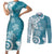 Polynesia Couples Matching Short Sleeve Bodycon Dress and Long Sleeve Button Shirt Hippie Blue Tribal Turtle Floral Pattern