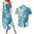 Polynesia Couples Matching Summer Maxi Dress and Hawaiian Shirt Hippie Blue Tribal Turtle Floral Pattern