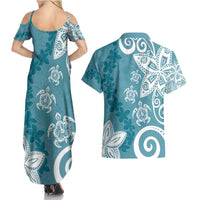 Polynesia Couples Matching Summer Maxi Dress and Hawaiian Shirt Hippie Blue Tribal Turtle Floral Pattern