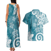 Polynesia Couples Matching Tank Maxi Dress and Hawaiian Shirt Hippie Blue Tribal Turtle Floral Pattern