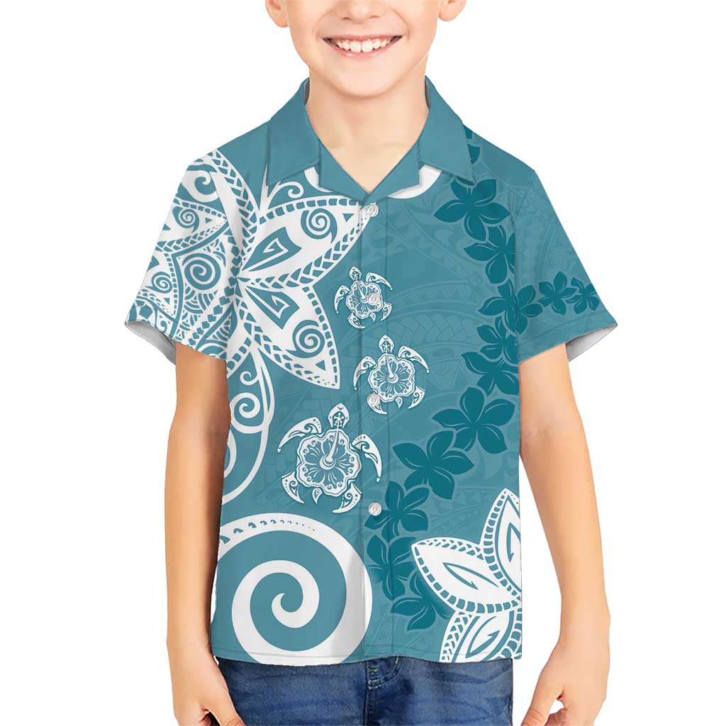 Polynesia Kid Hawaiian Shirt Hippie Blue Tribal Turtle Floral Pattern