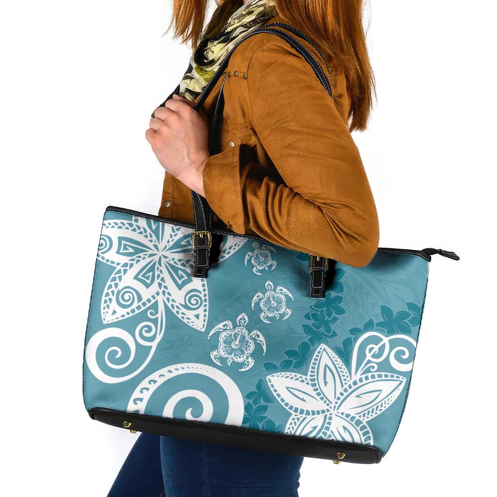 Polynesia Leather Tote Bag Hippie Blue Tribal Turtle Floral Pattern LT05 Blue - Polynesian Pride