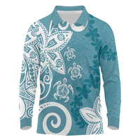 Polynesia Long Sleeve Polo Shirt Hippie Blue Tribal Turtle Floral Pattern