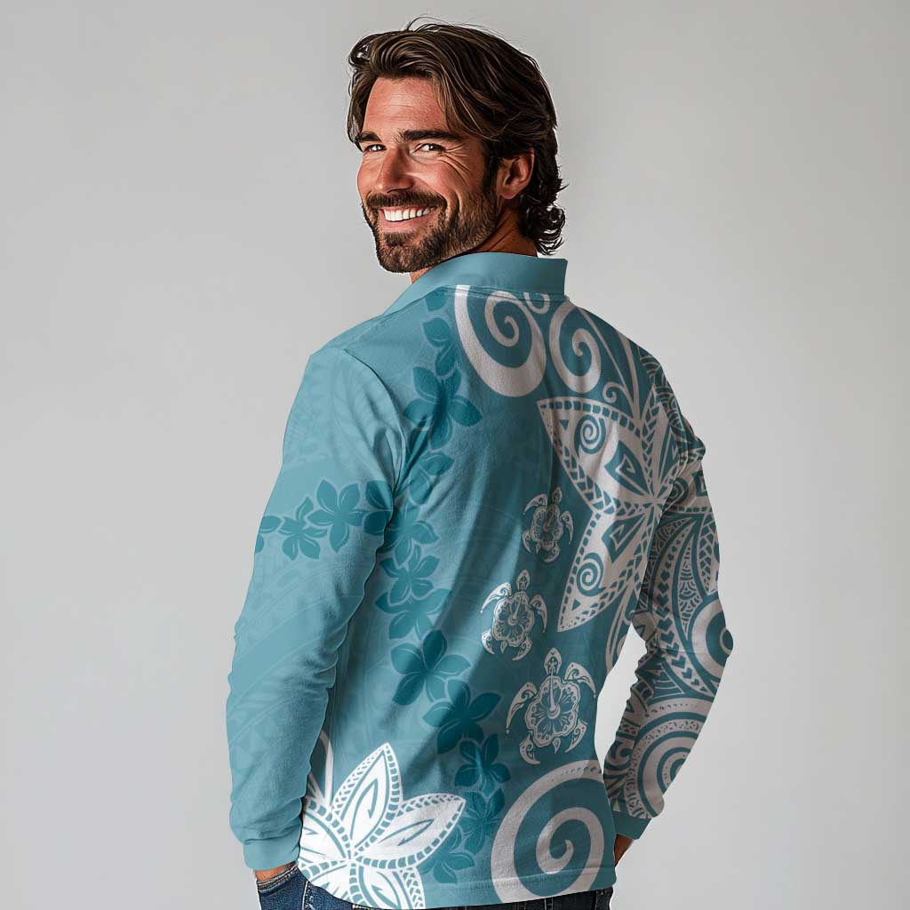 Polynesia Long Sleeve Polo Shirt Hippie Blue Tribal Turtle Floral Pattern