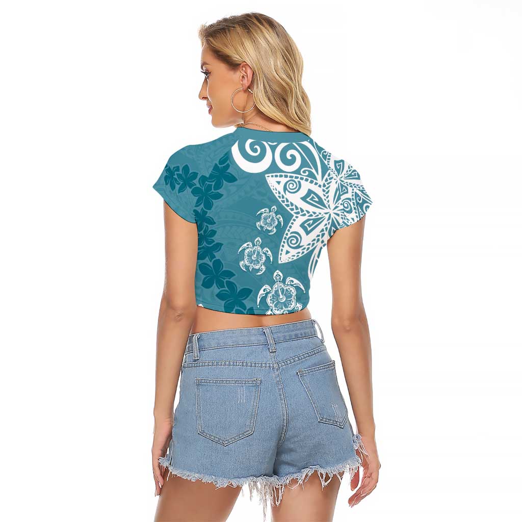 Polynesia Raglan Cropped T Shirt Hippie Blue Tribal Turtle Floral Pattern