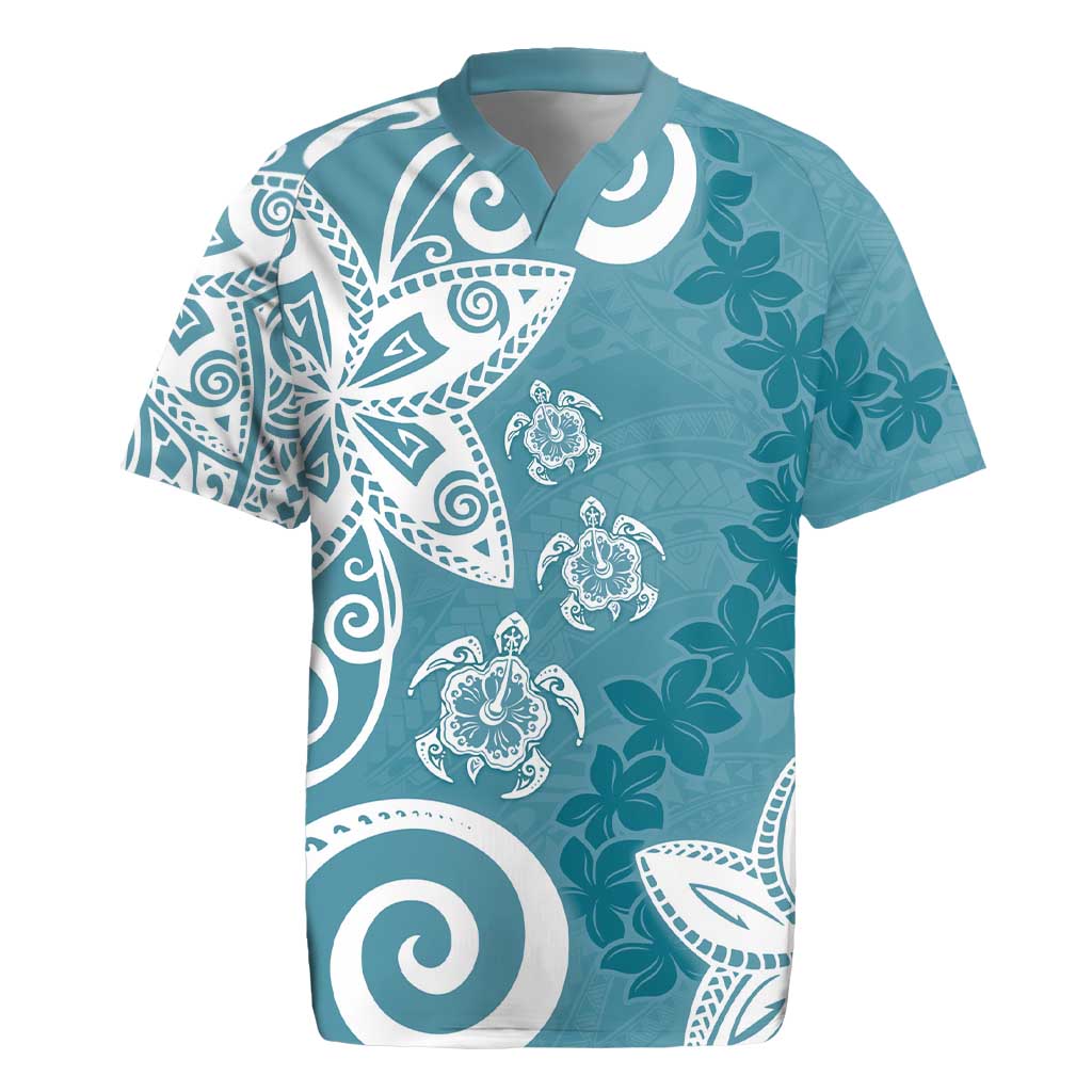 Polynesia Rugby Jersey Hippie Blue Tribal Turtle Floral Pattern LT05 Blue - Polynesian Pride