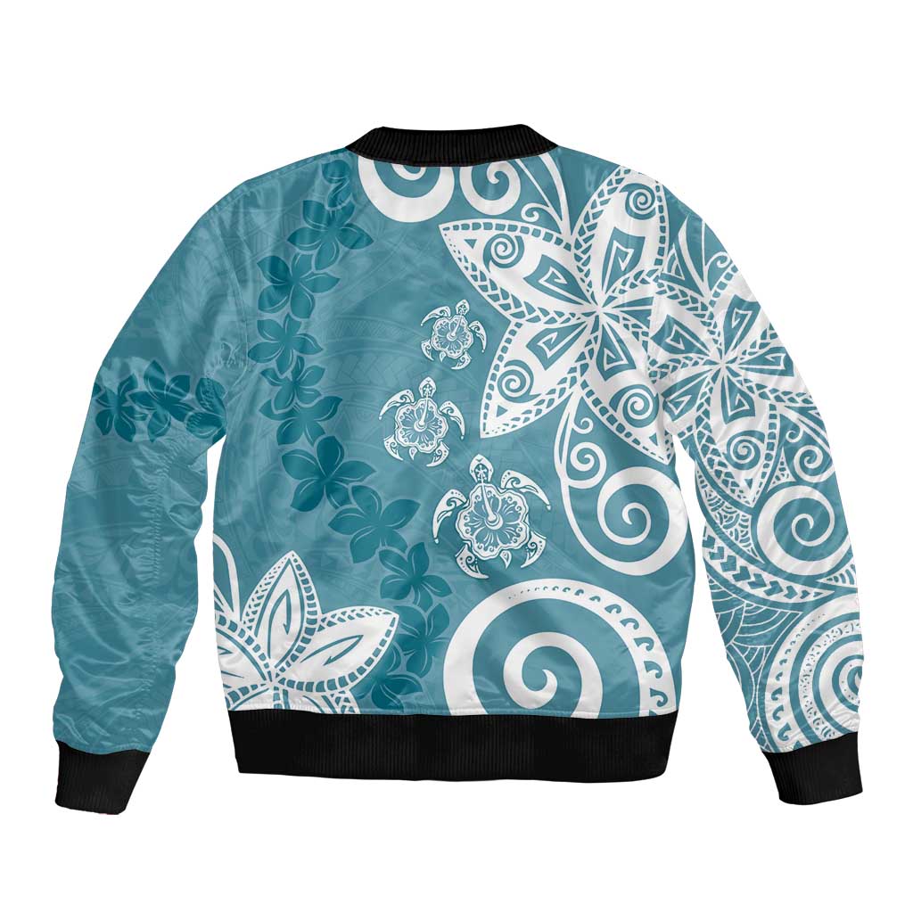 Polynesia Sleeve Zip Bomber Jacket Hippie Blue Tribal Turtle Floral Pattern