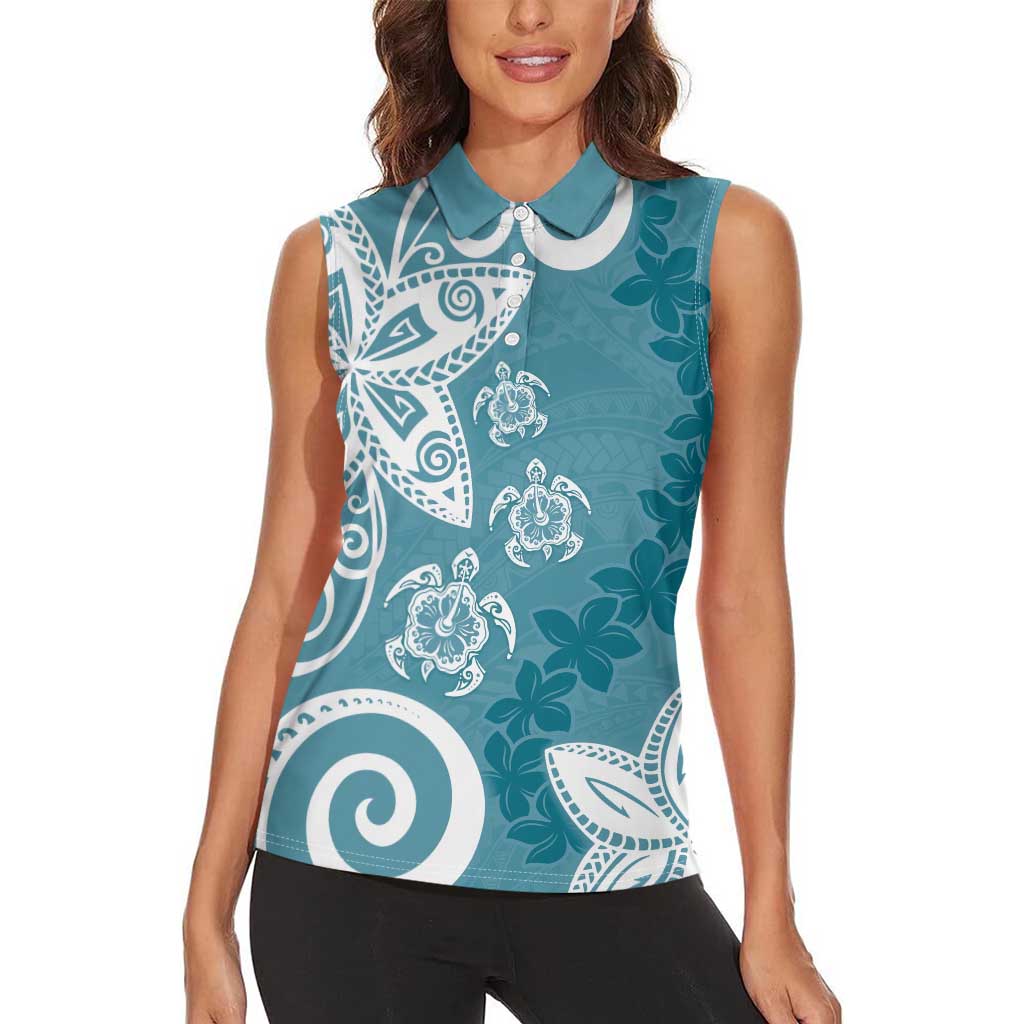 Polynesia Women Sleeveless Polo Shirt Hippie Blue Tribal Turtle Floral Pattern