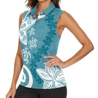 Polynesia Women Sleeveless Polo Shirt Hippie Blue Tribal Turtle Floral Pattern