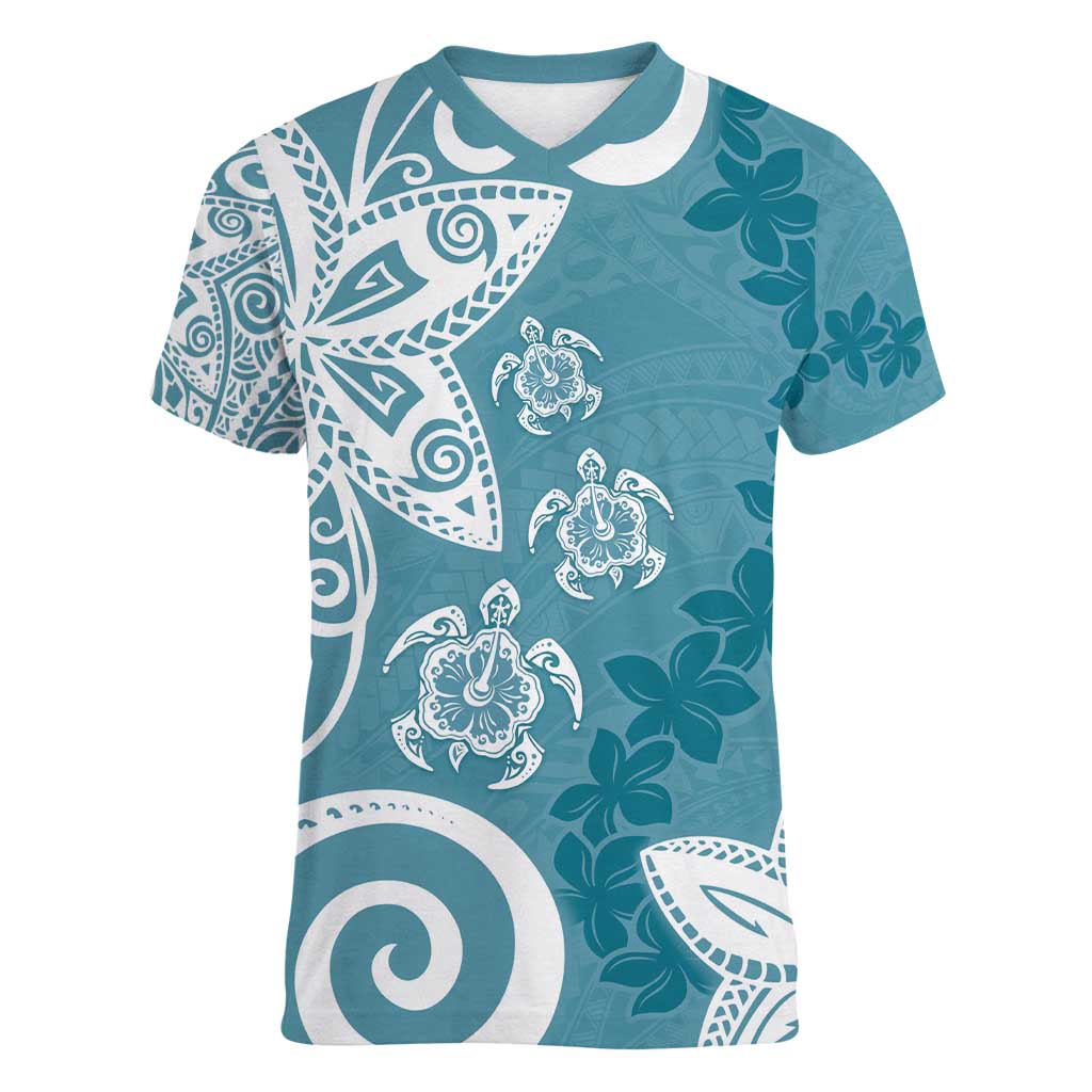 Polynesia Women V-Neck T-Shirt Hippie Blue Tribal Turtle Floral Pattern