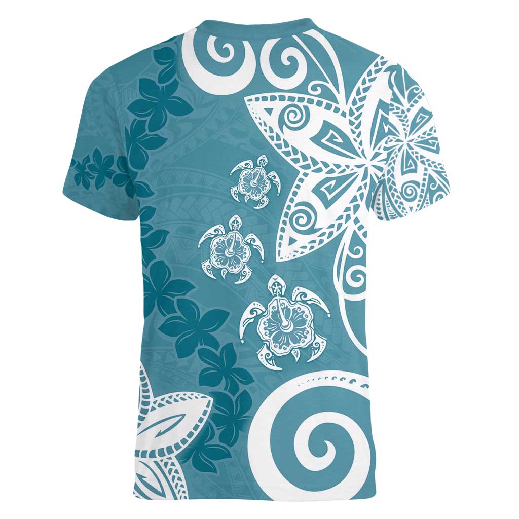 Polynesia Women V-Neck T-Shirt Hippie Blue Tribal Turtle Floral Pattern