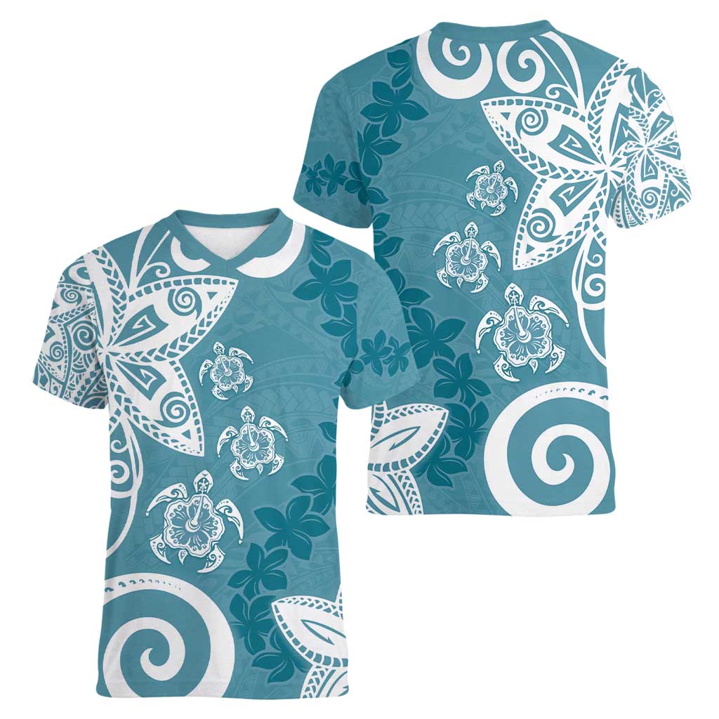 Polynesia Women V-Neck T-Shirt Hippie Blue Tribal Turtle Floral Pattern