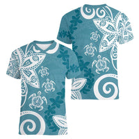 Polynesia Women V-Neck T-Shirt Hippie Blue Tribal Turtle Floral Pattern
