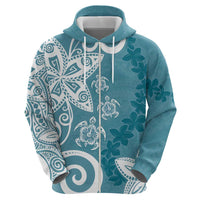 Polynesia Zip Hoodie Hippie Blue Tribal Turtle Floral Pattern