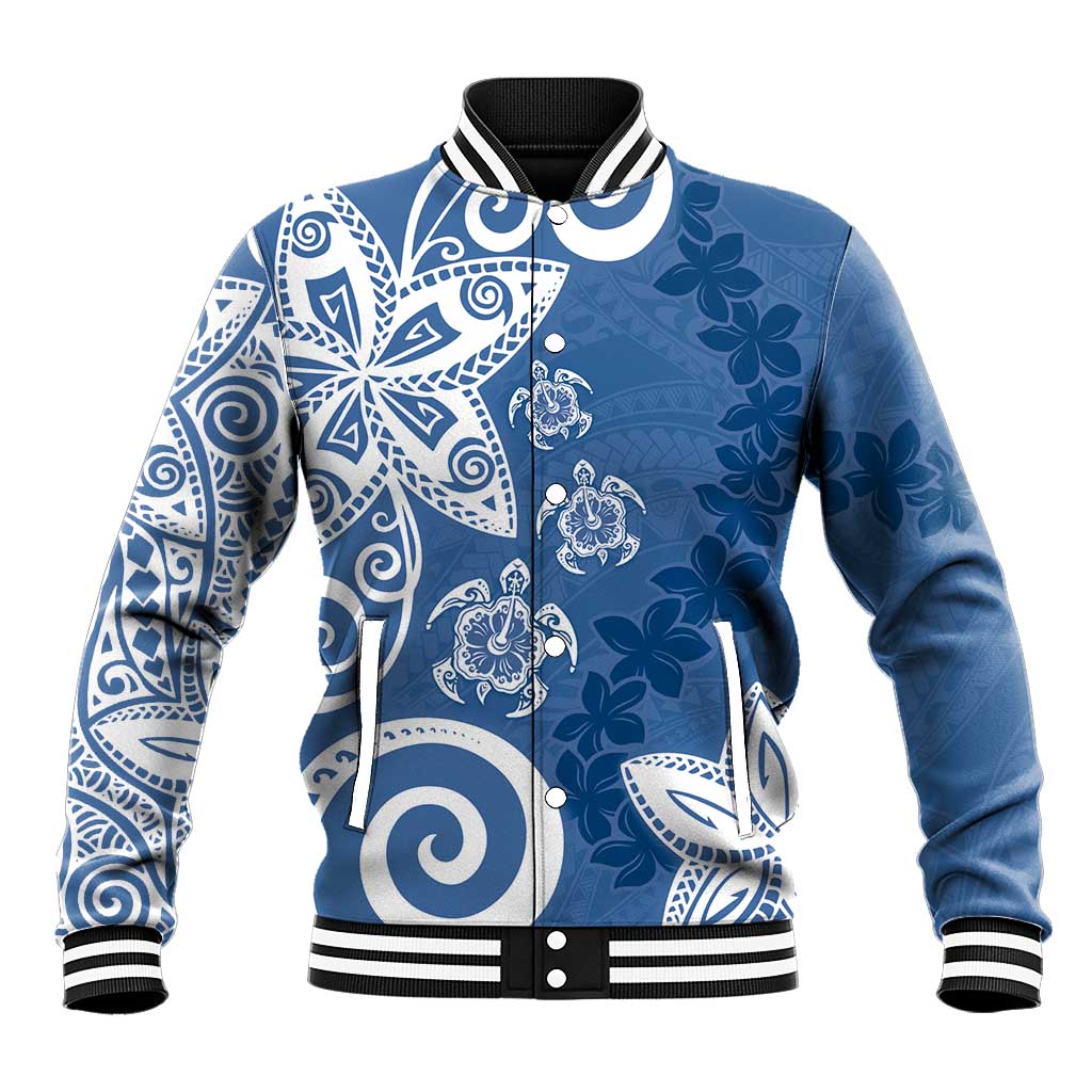 Polynesia Baseball Jacket Blue Tribal Turtle Floral Pattern