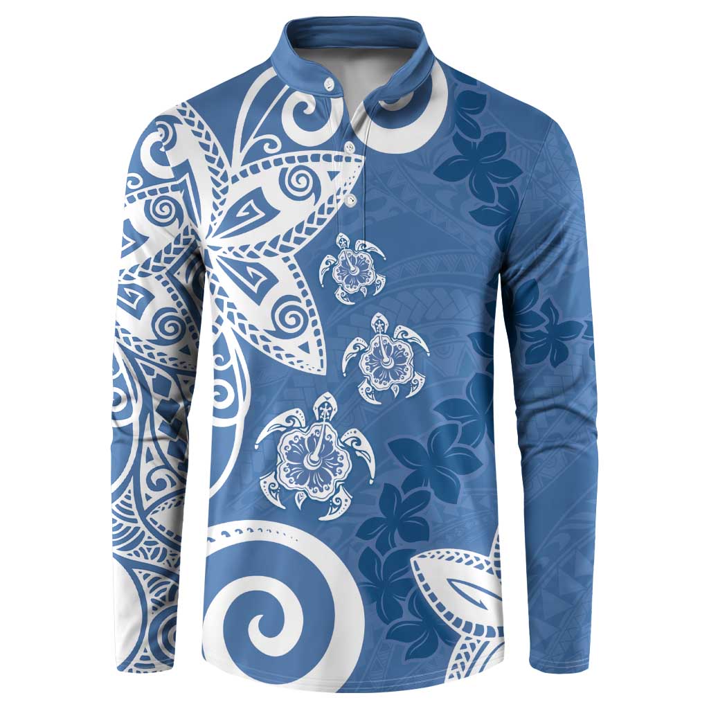 Polynesia Button Sweatshirt Blue Tribal Turtle Floral Pattern LT05 Blue - Polynesian Pride
