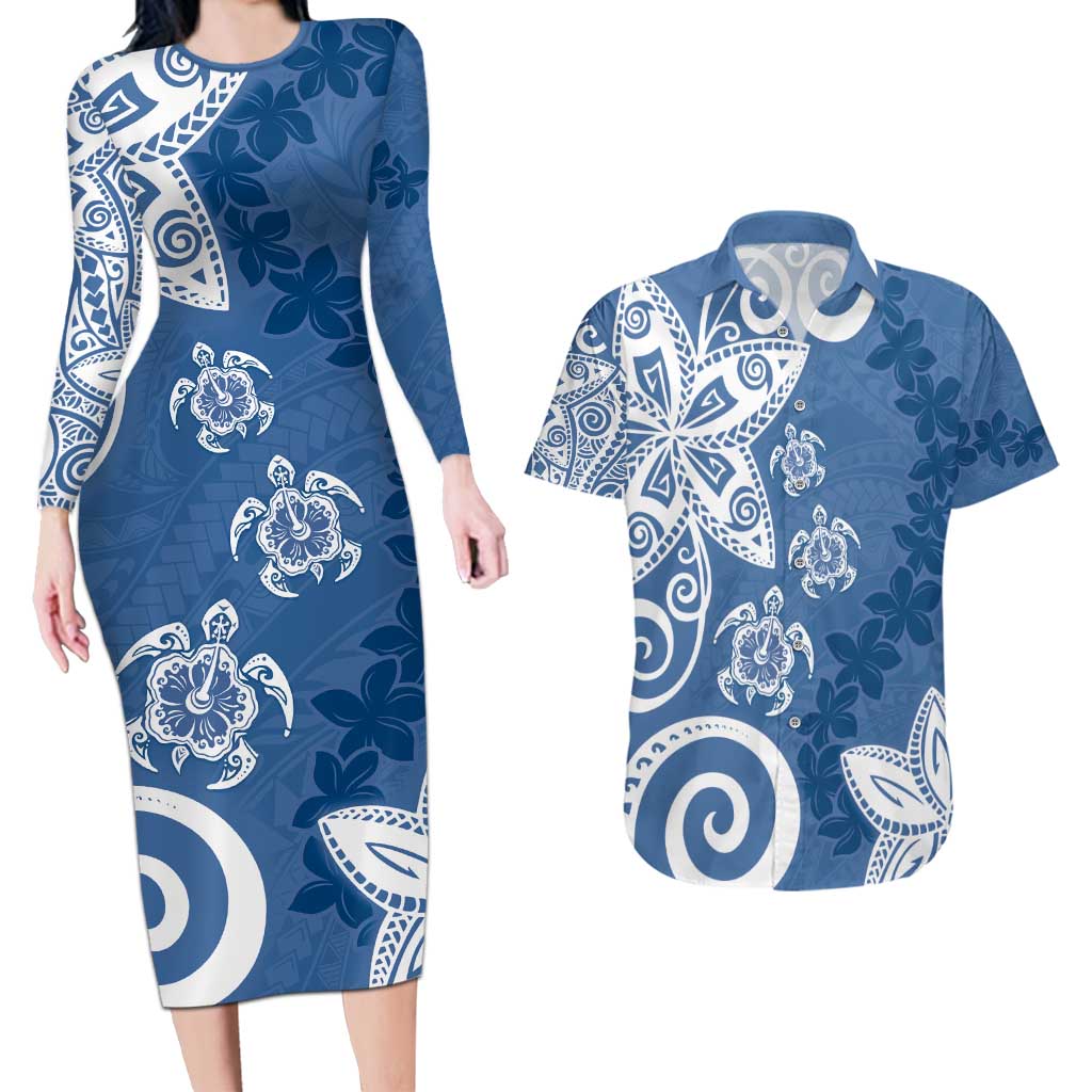 Polynesia Couples Matching Long Sleeve Bodycon Dress and Hawaiian Shirt Blue Tribal Turtle Floral Pattern LT05 Blue - Polynesian Pride
