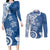Polynesia Couples Matching Long Sleeve Bodycon Dress and Long Sleeve Button Shirt Blue Tribal Turtle Floral Pattern