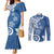 Polynesia Couples Matching Mermaid Dress and Long Sleeve Button Shirt Blue Tribal Turtle Floral Pattern