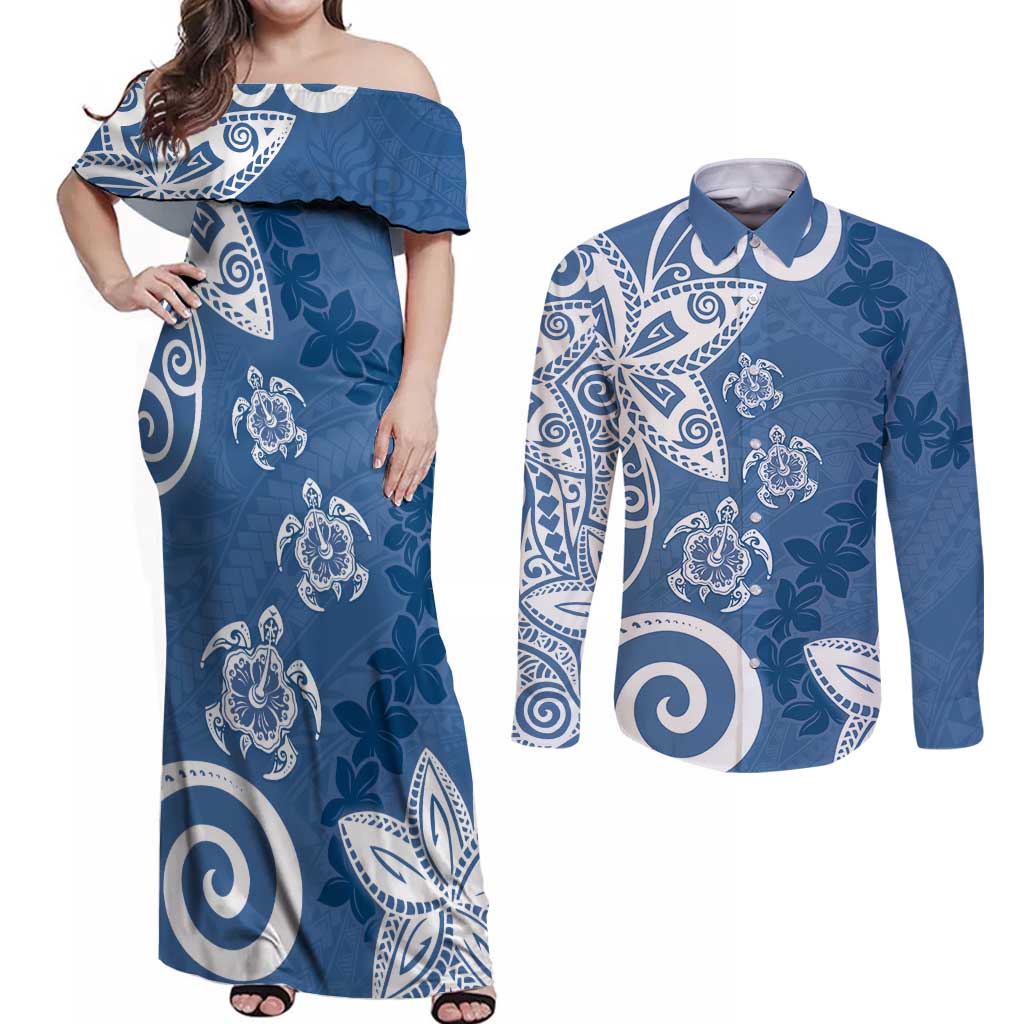 Polynesia Couples Matching Off Shoulder Maxi Dress and Long Sleeve Button Shirt Blue Tribal Turtle Floral Pattern