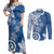 Polynesia Couples Matching Off Shoulder Maxi Dress and Long Sleeve Button Shirt Blue Tribal Turtle Floral Pattern