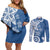 Polynesia Couples Matching Off Shoulder Short Dress and Long Sleeve Button Shirt Blue Tribal Turtle Floral Pattern