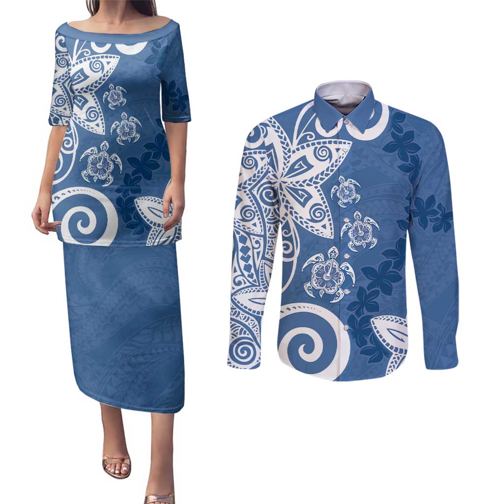 Polynesia Couples Matching Puletasi and Long Sleeve Button Shirt Blue Tribal Turtle Floral Pattern