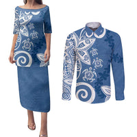 Polynesia Couples Matching Puletasi and Long Sleeve Button Shirt Blue Tribal Turtle Floral Pattern