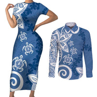 Polynesia Couples Matching Short Sleeve Bodycon Dress and Long Sleeve Button Shirt Blue Tribal Turtle Floral Pattern