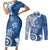 Polynesia Couples Matching Short Sleeve Bodycon Dress and Long Sleeve Button Shirt Blue Tribal Turtle Floral Pattern