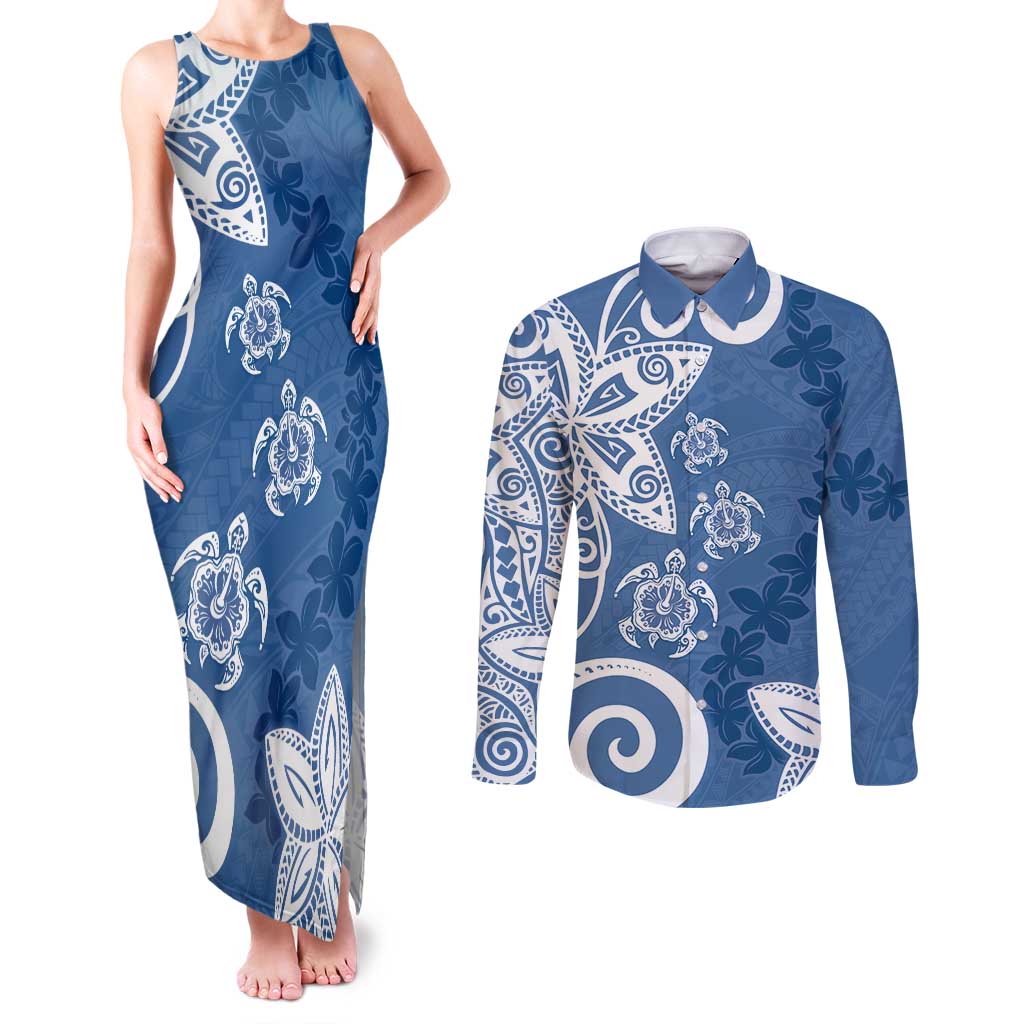 Polynesia Couples Matching Tank Maxi Dress and Long Sleeve Button Shirt Blue Tribal Turtle Floral Pattern