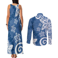 Polynesia Couples Matching Tank Maxi Dress and Long Sleeve Button Shirt Blue Tribal Turtle Floral Pattern