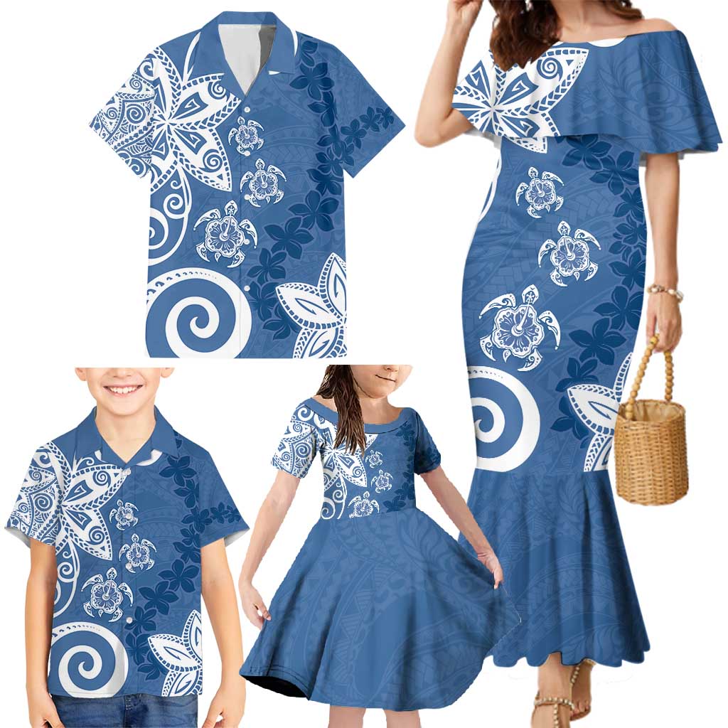 Polynesia Family Matching Mermaid Dress and Hawaiian Shirt Blue Tribal Turtle Floral Pattern LT05 - Polynesian Pride