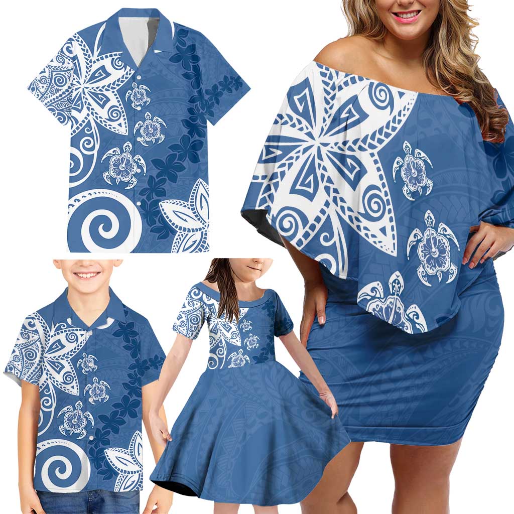 Polynesia Family Matching Off Shoulder Short Dress and Hawaiian Shirt Blue Tribal Turtle Floral Pattern LT05 - Polynesian Pride