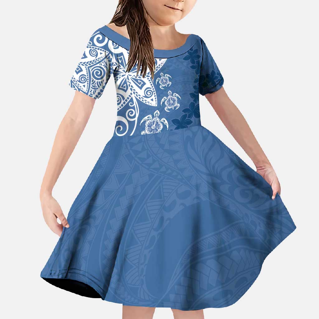 Polynesia Family Matching Short Sleeve Bodycon Dress and Hawaiian Shirt Blue Tribal Turtle Floral Pattern LT05 Daughter's Dress Blue - Polynesian Pride