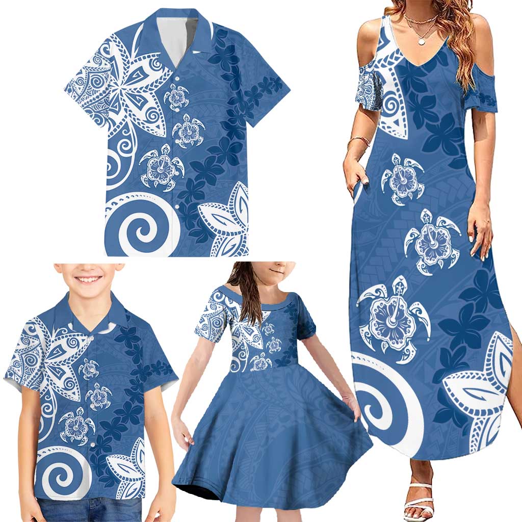 Polynesia Family Matching Summer Maxi Dress and Hawaiian Shirt Blue Tribal Turtle Floral Pattern LT05 - Polynesian Pride