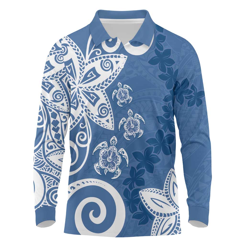 Polynesia Long Sleeve Polo Shirt Blue Tribal Turtle Floral Pattern